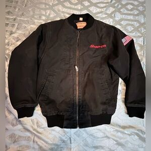 Snap On Tool Jacket Mens Small Black Heavy Duck Canvas Quilted Work Wear Bomber